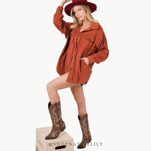 NWT Zenana Women's Oversized Basic Cozy Fleece Shacket | Sz Large | Rust Red - Picture 3 of 6